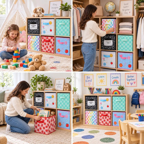 6 Piece Slick Fabric Storage Bins 11 Inch Vibrant Cubby Basket Organizers With Grippy Handles For Classrooms And Nurseries, colorful storage solution.