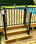 Straight Up Heavy Duty 48 Inch Wide By 42 Inch High Outdoor Deck Gate Kit In Matte Black with sturdy steps near pool.