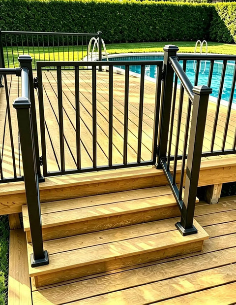 Straight Up Heavy Duty 48 Inch Wide By 42 Inch High Outdoor Deck Gate Kit In Matte Black with sturdy steps near pool.