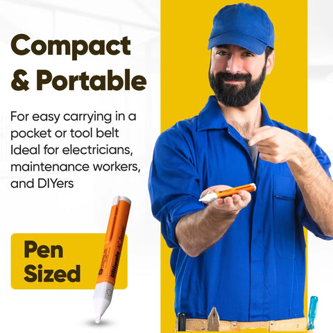Electrician holding Ultimate AC Sensor Non Contact Voltage Tester Pen Sized Go To Pro Grade Tool Detects 50 To 1000V AC.