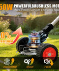 Cordless 3 In 1 Weed Wacker With Battery Power, featuring brushless motor, wheels, and 40% power improvement display