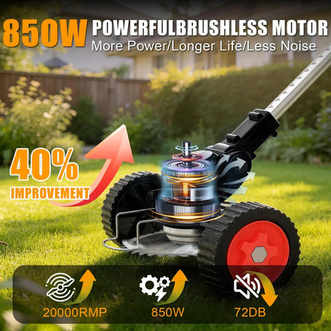 Cordless 3 In 1 Weed Wacker With Battery Power, featuring brushless motor, wheels, and 40% power improvement display