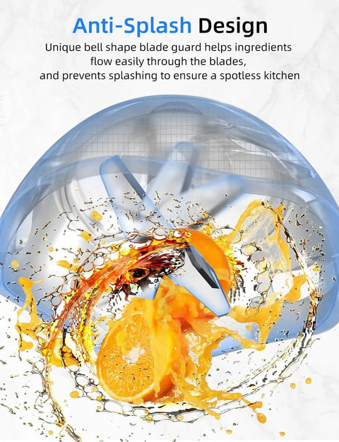 Heavy Duty Hand Blender Powered By A Badass Copper Motor And Smooth Blending Action Gets The Job Done Includes Egg Whisk Potato Masher And Solid Food Chopper For Zero Hassle Prep, showing anti-splash design with fruit and liquid.