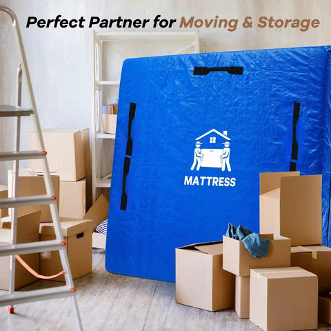 Mattress Bags For Moving And Storage Water Resistant Protector Cover For Queen Size Beds in blue near cardboard boxes