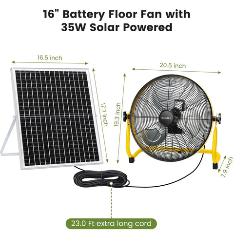 16 Inch Solar Rechargeable Floor Fan With 35W Power, Battery Operated For Outdoor Garden Greenhouse Barn Stable Camping And Garage, Delivers Strong Air Flow, Long Battery Life, Easy Setup, Portable Cooling