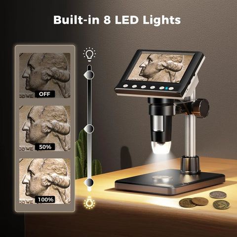 4.3 Inch LCD Coin Microscope With LED Light For Ultra Close Up Mint Mark Details And Surface Texture, Perfect For Coin Collectors, Jewelers, And Watchmakers Seeking Precise Digital Magnification On Small Features. 8 LED light coin microscope on stand