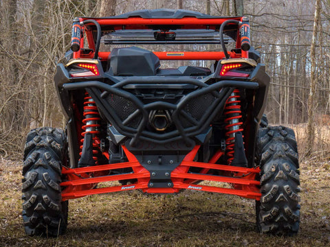 Heavy Duty Boxed Rear Radius Arms Kit For Can Am Maverick X3 72 Inch Turbo X RC MR RS MAX - Complete 6 Rod Set In Red With Reinforced Pivot Joints And Five Eighths Heim Joints For Strength And 100 Percent Fitment Guaranteed, rear view