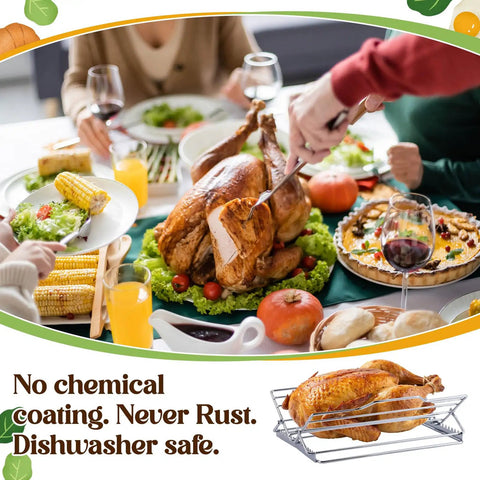 Family serving turkey on Two Piece Adjustable Roasting Racks Set For Turkey And Chicken Stainless Steel V Shaped Stand