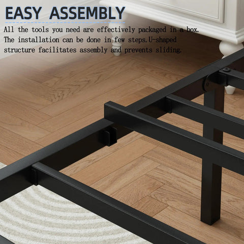 Solid As A Rock Full Size Metal Platform Bed Frame With Headboard And Footboard Featuring Steel Slats For Ultra Comfy Mattress Support No Box Spring Needed Zero Squeaks And Hassle Free Setup In Black close-up of assembly details on the sturdy black steel frame.