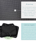 Ultralight Six Piece Compression Packing Cubes Set on scale highlighting 70D Black Fabric durability for travel organization.