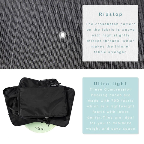 Ultralight Six Piece Compression Packing Cubes Set on scale highlighting 70D Black Fabric durability for travel organization.