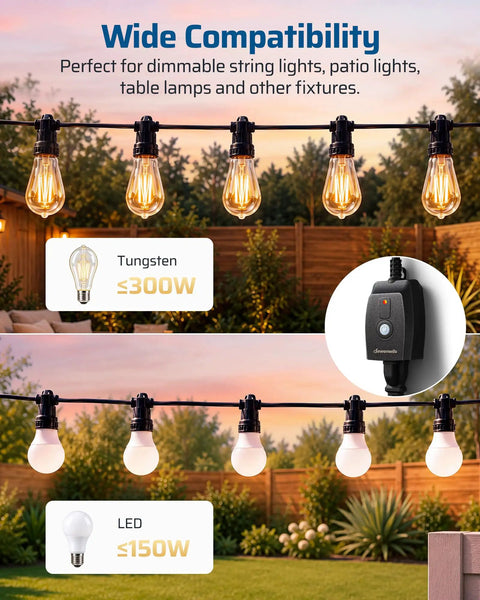 Ultimate Outdoor String Light Dimmer With Hella Smooth Stepless Slider For 10 To 100 Percent Brightness Control and different compatible bulbs.