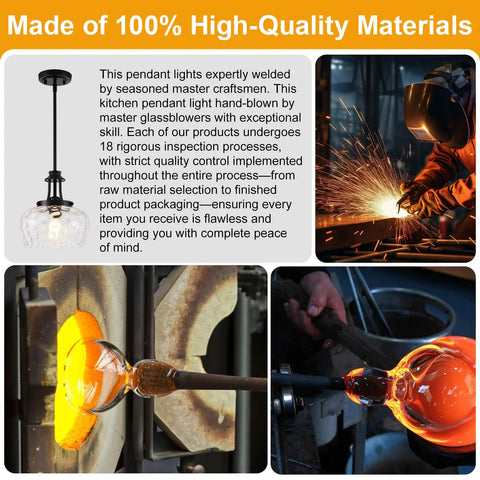 Crafting process of matte black pendant light fixture with 10-inch clear hammered glass shade for kitchen island and dining room.