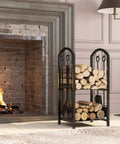 Five Piece Firewood Log Rack And Tools Set For Fireplace And Fireside Use Black Storage Holder next to indoor fireplace.