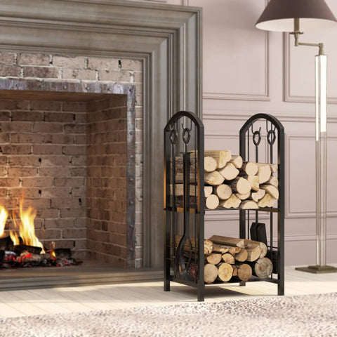 Five Piece Firewood Log Rack And Tools Set For Fireplace And Fireside Use Black Storage Holder next to indoor fireplace.
