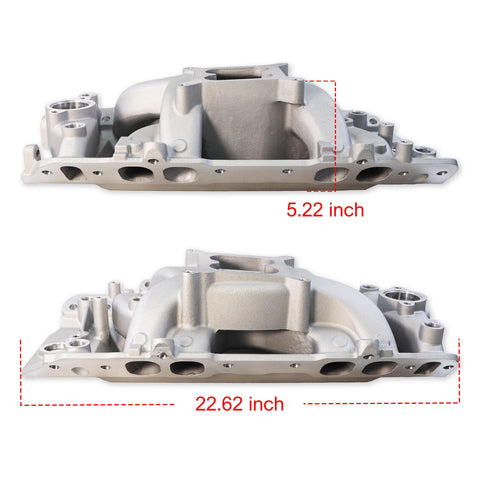 Chevy Big Block Air Gap Aluminum Intake Manifold Dual Plane For 1966-2000 BBC V8 Engines side view with dimensions