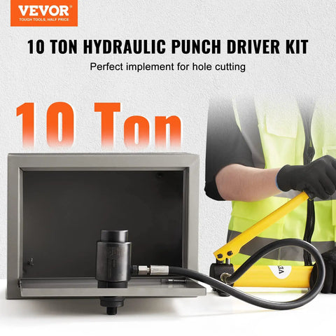10 Ton Hydraulic Punch Driver Kit with puncher and carrying case for hole cutting in various materials, focus on handle and tool