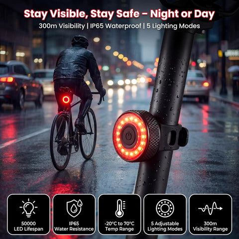 Night riding with Real Time Bike GPS Tracker Tail Light with Apple Find My Compatibility, showing IP65 waterproof and lighting modes.
