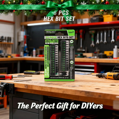 26 Piece Hex Head Allen Wrench Drill Bit Set with One Quarter Inch Hex Shank Quick Change Bit Holder displayed in workshop