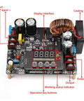 DC Buck Converter 10 To 65V To 0 To 60V 0 To 12A Step Down Power Supply Module with LED display showing interface and cooling fan