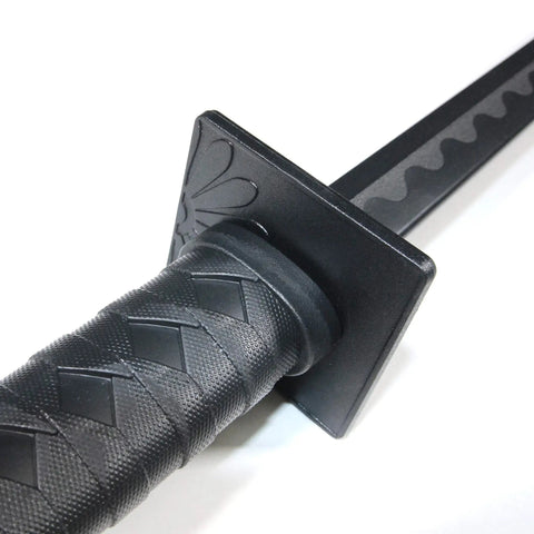 Close-up of durable lightweight polypropylene ninja sword for ninjutsu practice and sparring, black 34.5 inch training blade handle detail