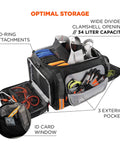 Heavy Duty Jobsite Duffel Bag For Work Gear With Padded Shoulder Straps 34L, open with tools and organized compartments.
