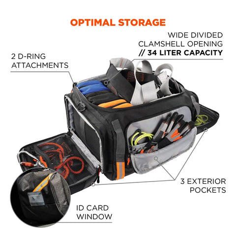 Heavy Duty Jobsite Duffel Bag For Work Gear With Padded Shoulder Straps 34L, open with tools and organized compartments.