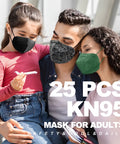 Family wearing Colorful Five Layer KN95 Face Masks 25 Pack Individually Wrapped For Adults Women Men Teens Great For Workout Outdoor Travel And Daily Use Elastic Ear Loops Nose Wire