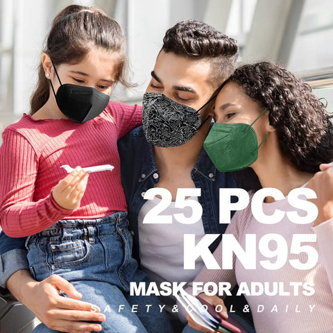 Family wearing Colorful Five Layer KN95 Face Masks 25 Pack Individually Wrapped For Adults Women Men Teens Great For Workout Outdoor Travel And Daily Use Elastic Ear Loops Nose Wire