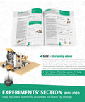 Hands-On Physics Laws Engineering Kit For Kids 9 Plus Inertia Friction And Circular Motion STEM Project Set With 6 Working Models Including A Rocket Launcher Crash Test Rig Gyro Wheel And More Perfect Gift For Boys And Girls open guidebook and sharpening wheel model display.