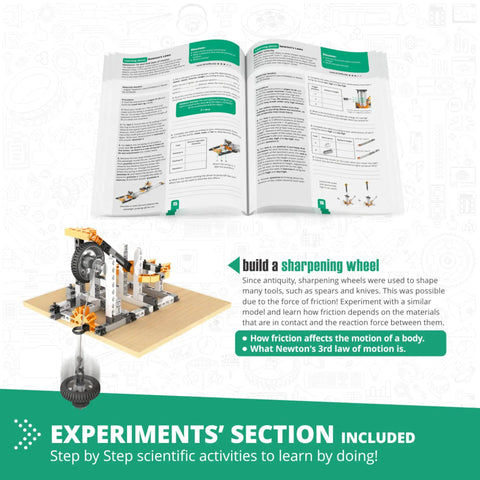 Hands-On Physics Laws Engineering Kit For Kids 9 Plus Inertia Friction And Circular Motion STEM Project Set With 6 Working Models Including A Rocket Launcher Crash Test Rig Gyro Wheel And More Perfect Gift For Boys And Girls open guidebook and sharpening wheel model display.