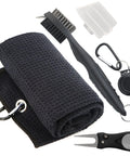 Three In One Golf Gear Kit with Microfiber Waffle Towel Clip, Golf Club Brush Groove Cleaner and Divot Tool with Marker visible.