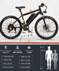 26 Inch Electric Mountain Bike With 350W Motor, 19.8 MPH Top Speed, 374.4Wh Removable Battery, diagram of frame size and specs.