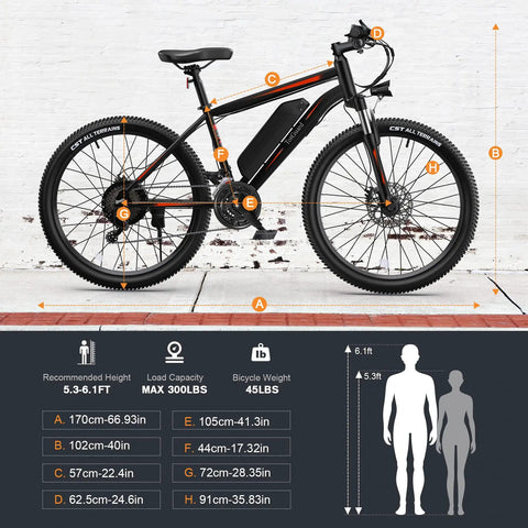 26 Inch Electric Mountain Bike With 350W Motor, 19.8 MPH Top Speed, 374.4Wh Removable Battery, diagram of frame size and specs.