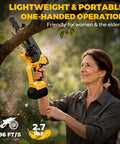 Woman using Cordless Mini Chainsaw Compatible With 20V Max Batteries, 6 Inch And 8 Inch Brushless Handheld Pruner outdoors