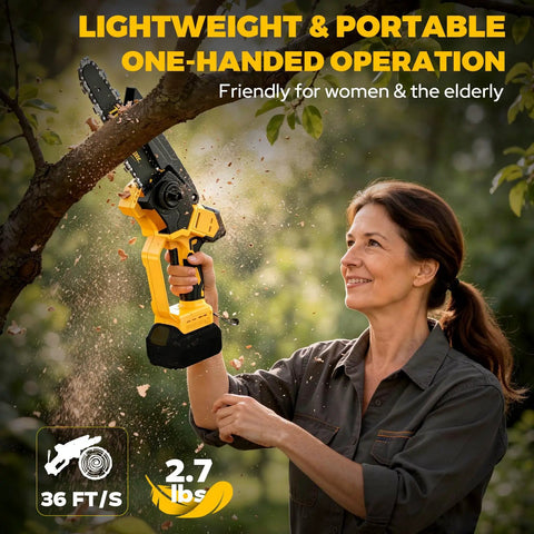 Woman using Cordless Mini Chainsaw Compatible With 20V Max Batteries, 6 Inch And 8 Inch Brushless Handheld Pruner outdoors
