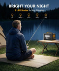 Man fishing at night with Jump1500X Portable Power Station With 828Wh LiFePO4 Battery, Solar Generator on a table nearby.