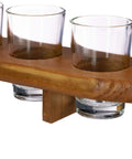 Kick Back Wooden Shooting Board Set With Eighteen Shot Glasses For Chill Game Nights Bar Stash Rack showing three shot glasses on a rustic wood tray.