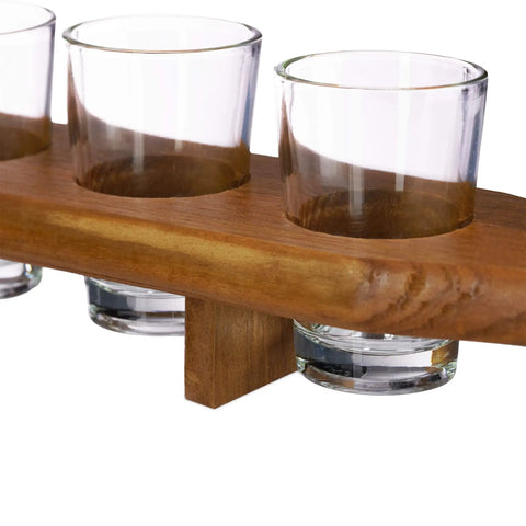 Kick Back Wooden Shooting Board Set With Eighteen Shot Glasses For Chill Game Nights Bar Stash Rack showing three shot glasses on a rustic wood tray.