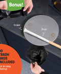 Top view of Pizza Stone Cleaner And Oven Brush Kit For Home Cooks And Pizza Pros 2 In 1 Heat Resistant Stainless Steel Scraper with waste bags