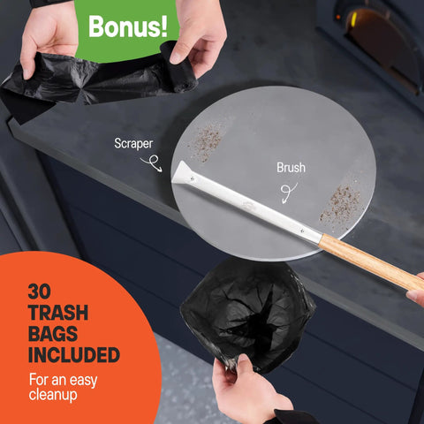 Top view of Pizza Stone Cleaner And Oven Brush Kit For Home Cooks And Pizza Pros 2 In 1 Heat Resistant Stainless Steel Scraper with waste bags