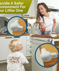 Tot Approved Silicone Corner Protectors For Baby Proofing Tables And Desks Using Heavy Duty Peel And Stick System To Cushion Hard Hits And Shield Rowdy Kids From Sharp Edges In Crisp White 12 on kitchen counter with child and parent.