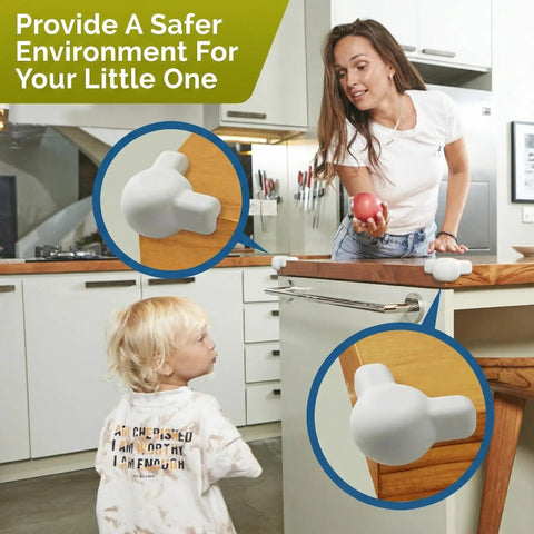 Tot Approved Silicone Corner Protectors For Baby Proofing Tables And Desks Using Heavy Duty Peel And Stick System To Cushion Hard Hits And Shield Rowdy Kids From Sharp Edges In Crisp White 12 on kitchen counter with child and parent.