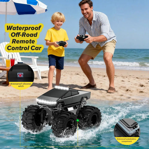 Father and son play with Amphibious 1 to 18 Scale RC Car Beasts All Terrain 4WD Off Road Pickup by the beach.