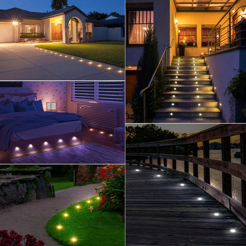 Scenes using Recessed LED Deck Light Kit With Remote 10 Pack Dimmable Outdoor Lights IP67 Waterproof 12V for stairs and gardens.