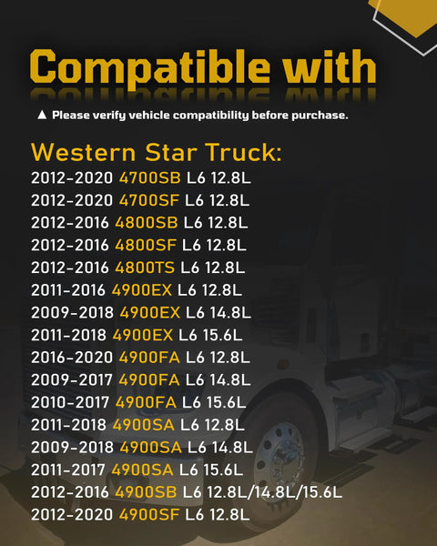 Compatibility chart for 6 Piece Oil And Lube Filter Set For Freightliner And Western Star Trucks Fits 114SD 122SD Cascadia L6 Engines