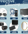 Microfiber cleaning cloth collage for glasses and devices; glasses, phone, monitor, lens, laptop