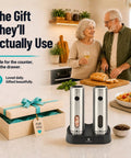 One Hand Press Electric Salt And Pepper Grinder Set With Charging Base Auto Seasoning Tool For Cooking Easy Use No Twisting Wrist Relief Cordless Rechargeable Kitchen Gadget displayed on kitchen counter.