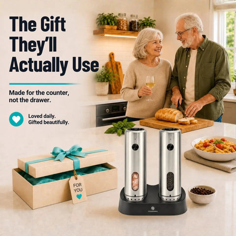 One Hand Press Electric Salt And Pepper Grinder Set With Charging Base Auto Seasoning Tool For Cooking Easy Use No Twisting Wrist Relief Cordless Rechargeable Kitchen Gadget displayed on kitchen counter.