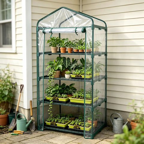 Four Tier Mini Greenhouse With Clear PVC Cover And Steel Frame Portable Plug And Play Indoor Outdoor Grow House For Seedlings Herbs And Small Plants Easy Setup And Year Round Use